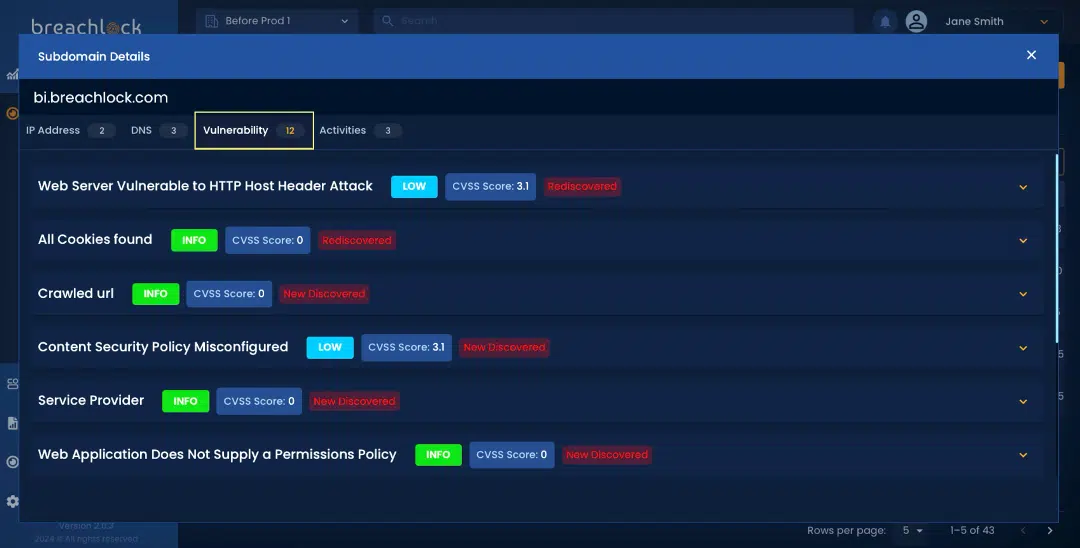 BreachLock Integrated Platform APT SCANS: Subdomain Details (Vulnerabilities) screenshot