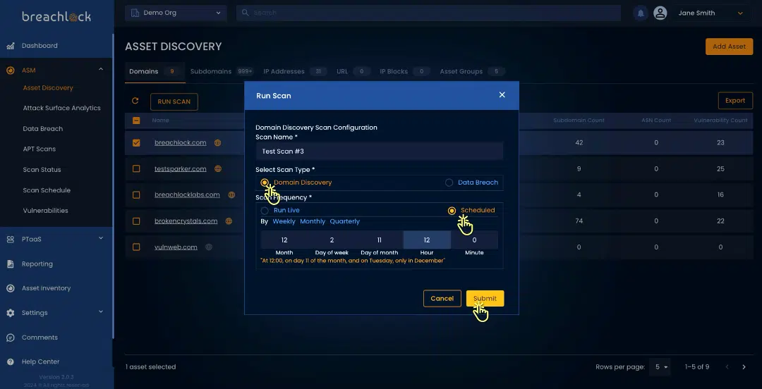 BreachLock Ingegrated Platform Asset Discovery: Scheduling a Scan