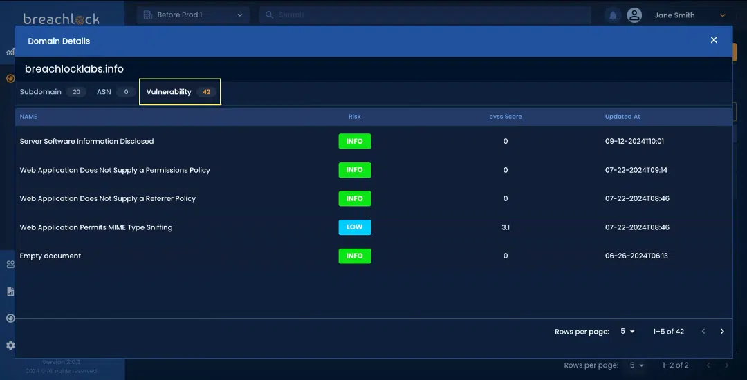 BreachLock Integrated Platform APT SCANS- Domain Details (Associated Vulnerabilities) Screenshot