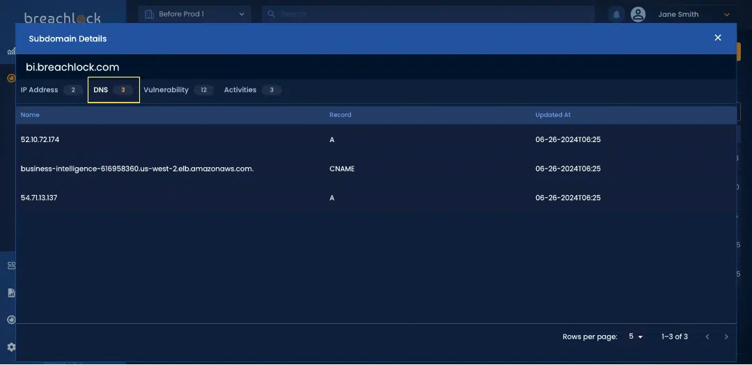 BreachLock Integrated Platform APT SCANS: Subdomain Details (DNS) Screenshot