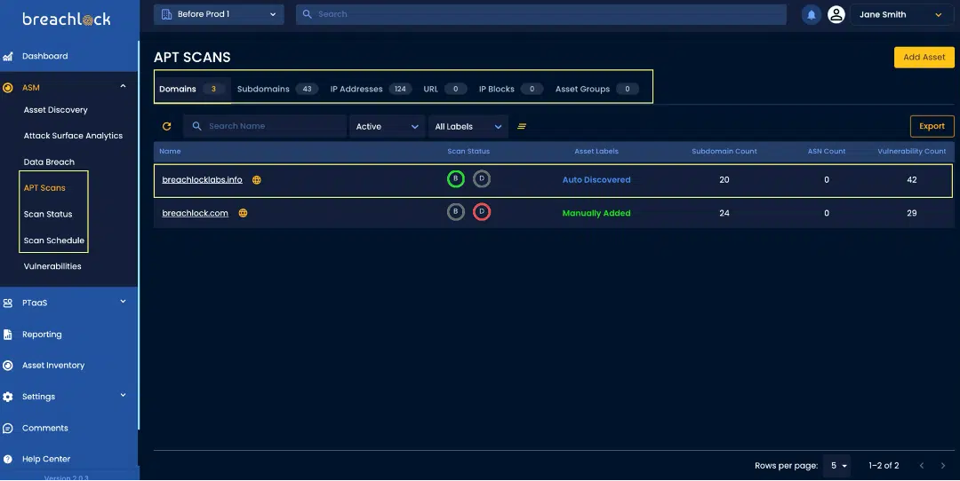 BreachLock Integrated Platform APT Scans Overview Screenshot