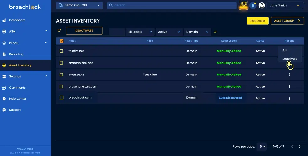 BreachLock Integrated Platform Asset Discovery: Deactivate an Asset Screenshot