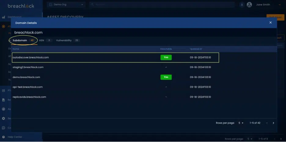 BreachLock Integrated Platform Asset Discovery Domain Details Screenshot