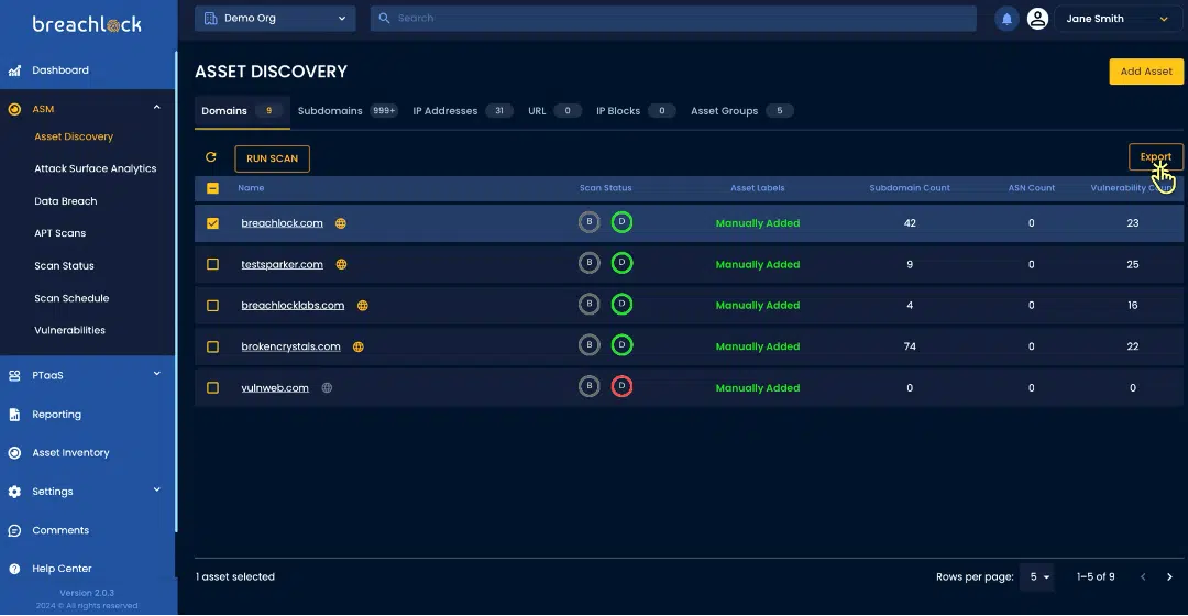 BreachLock Integrated Platform Asset Discovery: Export Screenshot