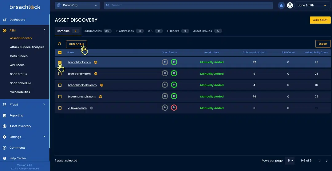 BreachLock Integrated Platform Asset Discovery:  Run a Scan Live or Scheduled