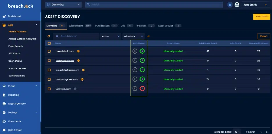 BreachLock Integrated Platform Asset Discovery:  Scan Status Screenshot