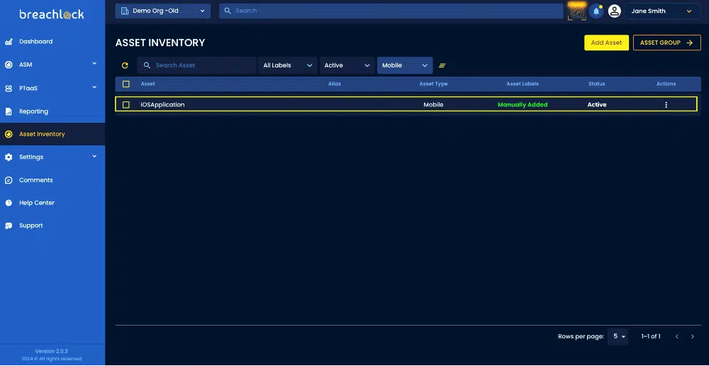 BreachLock Integrated Platform Asset Inventory Asset Type Screenshot