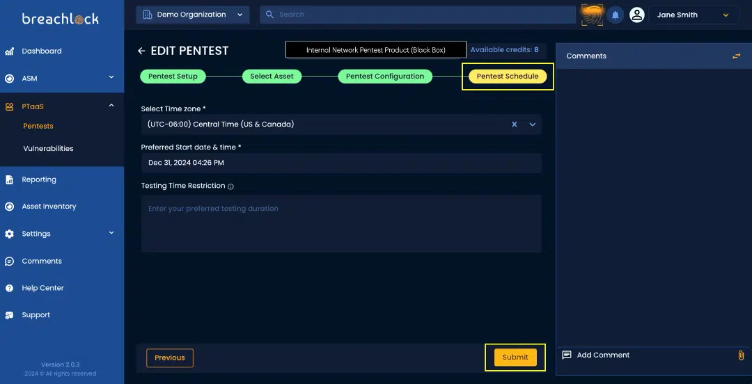 BreachLock Integrated Platform Editing Pentest: Pentest Schedule Screenshot