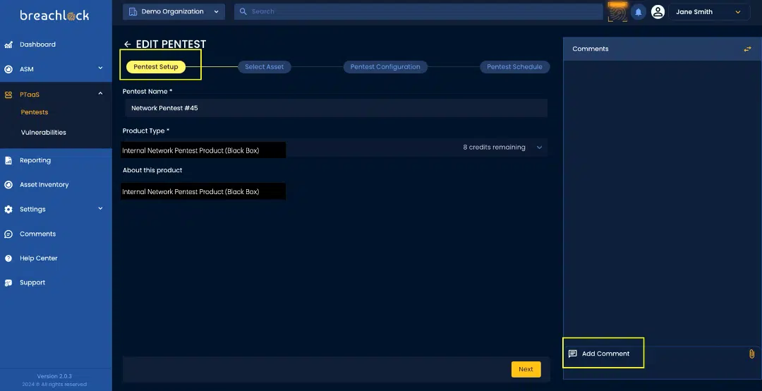 BreachLock Integrated Platform Editing Pentest- Pentest Setup Screenshot