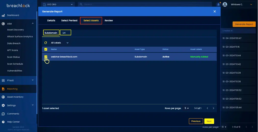 BreachLock Integrated Platform Generate Report: Select Assets Screenshot