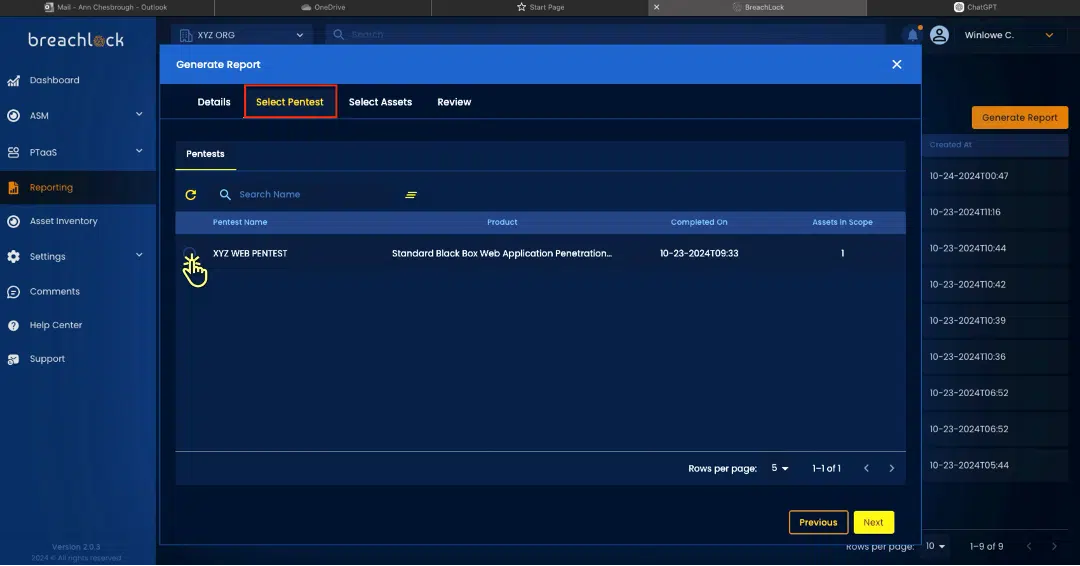 BreachLock Integrated Platform Generate Report: Select Pentest Screenshot