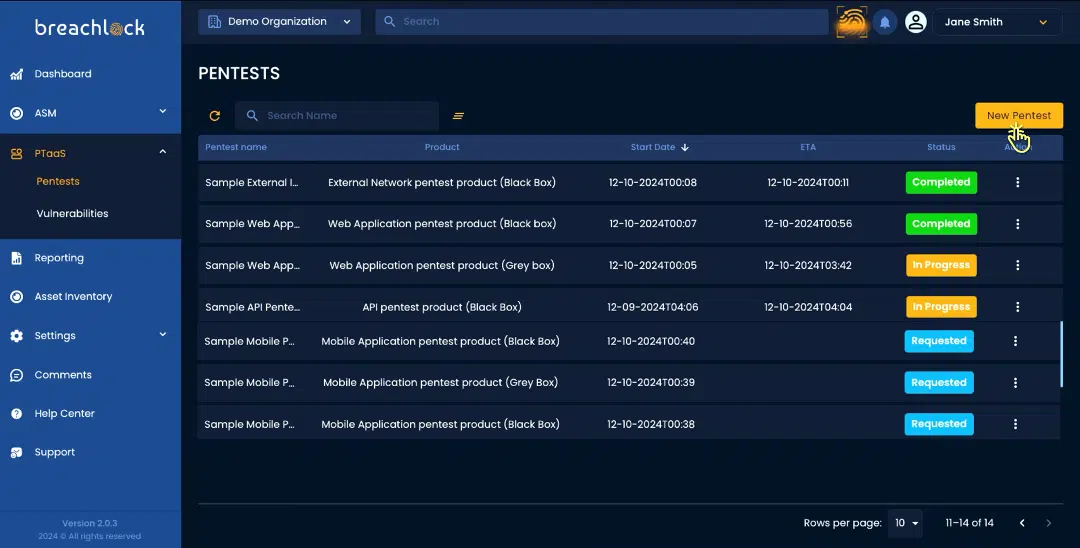 BreachLock Integrated Platform New Pentest Request Screenshot