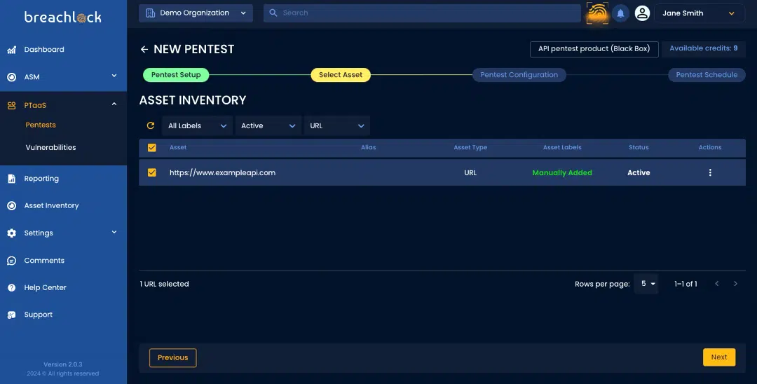 BreachLock Integrated Platform New Pentest: Select Asset Screenshot