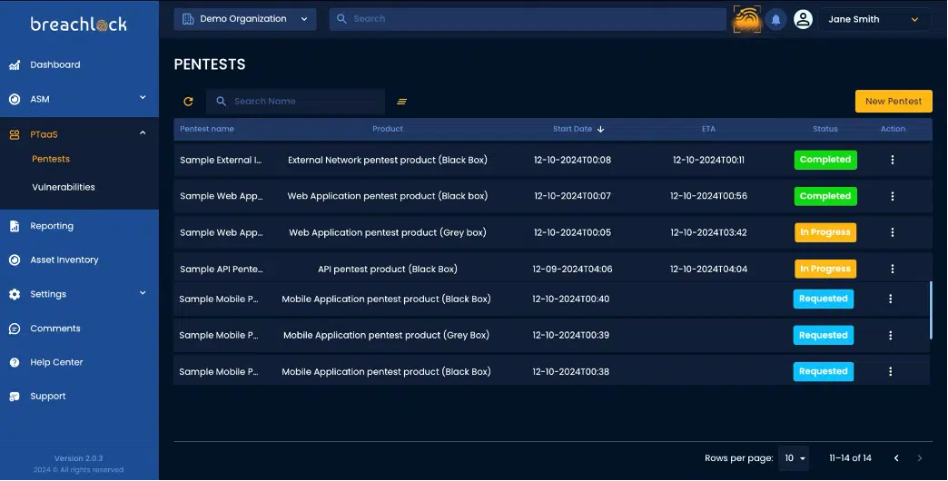 BreachLock Integrated Platform PTaaS: Pentests Dashboard Overview Screenshot