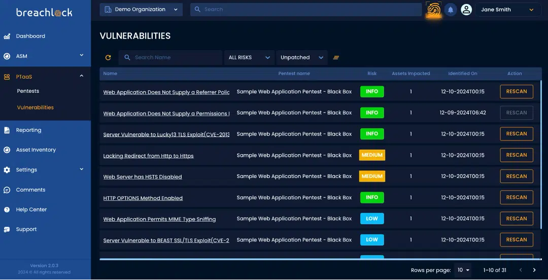 BreachLock Integrated Platform PTaaS: Vulnerabilities Dashboard Overview Screenshot