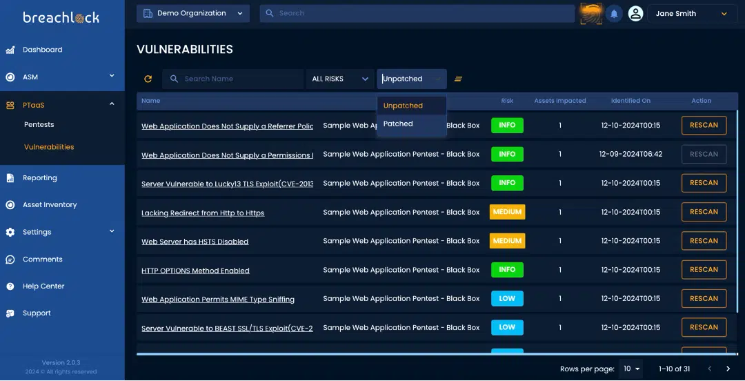 BreachLock Integrated Platform PTaaS: Vulnerabilities Filtered by Mitigation Status Screenshot