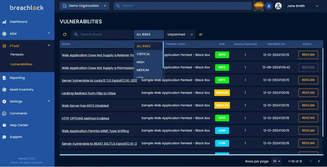 BreachLock Integrated Platform PTaaS: Vulnerabilities Filtered by Risk Screenshot