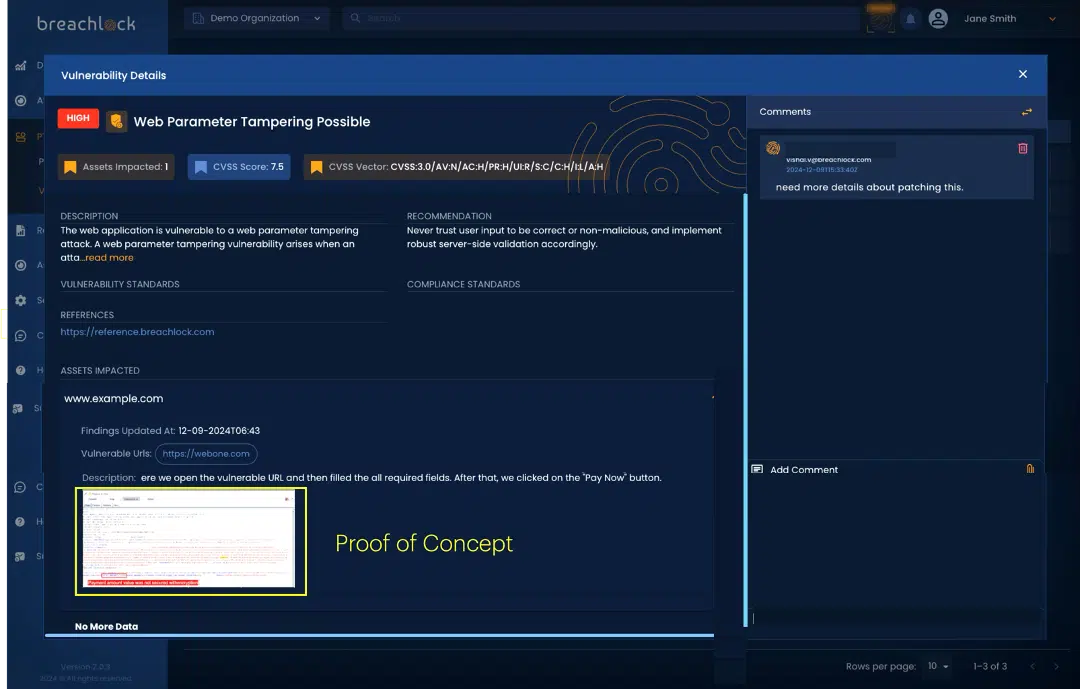 BreachLock Integrated Platform PTaaS: Vulnerability Details Screenshot