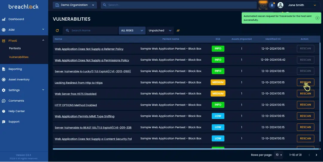 BreachLock Integrated Platform PTaaS: Vulnerability Rescan Screenshot