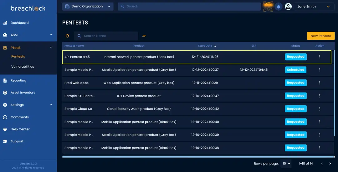 BreachLock Integrated Platform Pentest Action Screenshot