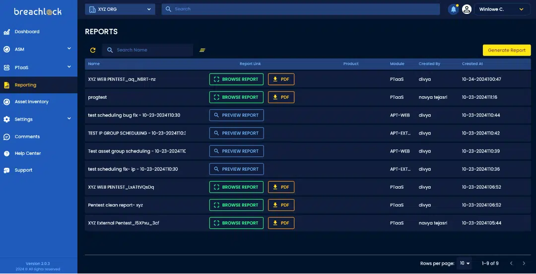 BreachLock Integrated Platform Reporting Dashboard Screenshot