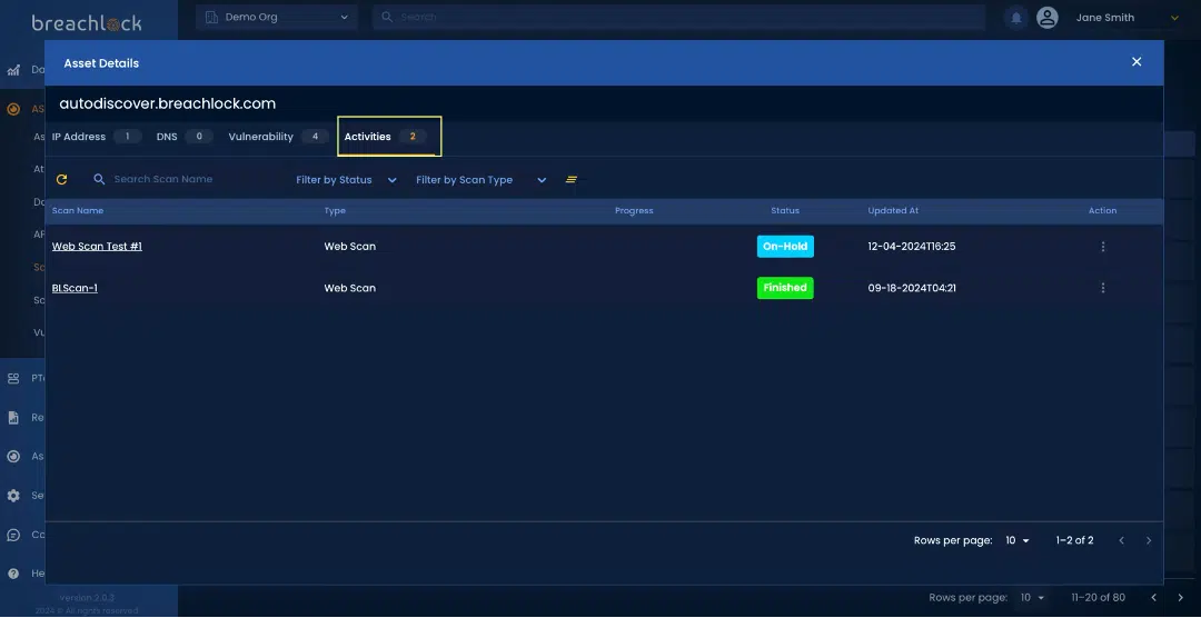 BreachLock Integrated Platform SCAN STATUS: Asset Details (Activities) Screenshot