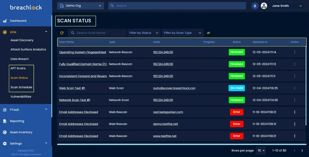 BreachLock Integrated Platform SCAN STATUS- Dashboard Overview Screenshot