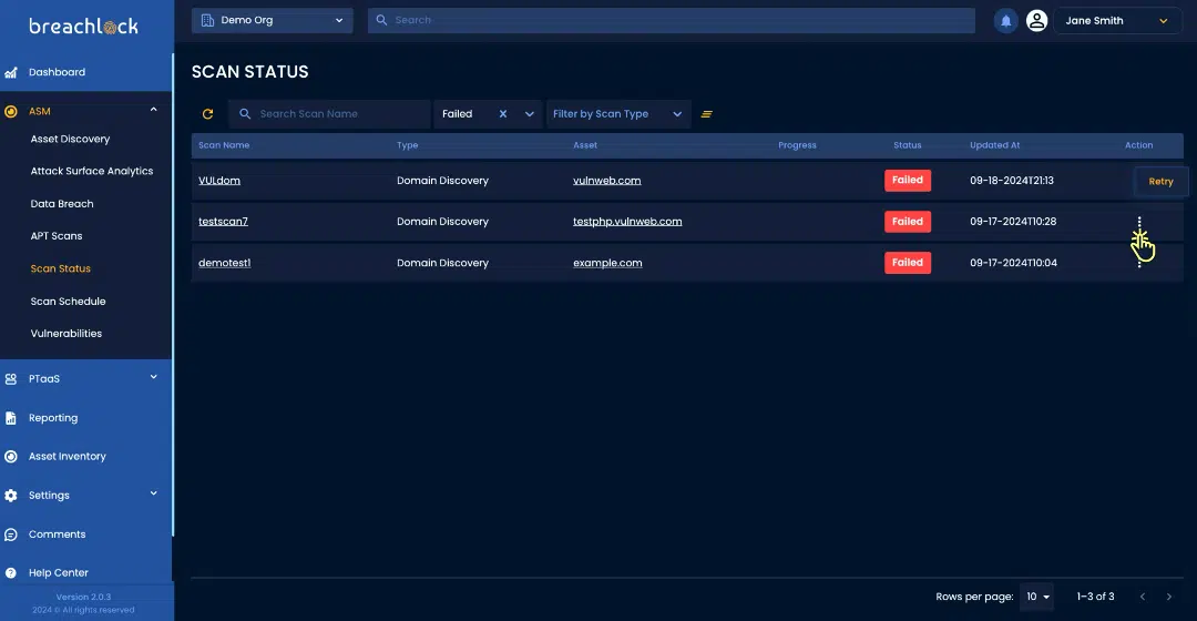 BreachLock Integrated Platform SCAN STATUS: FAILED SCAN & RESCAN Screenshot