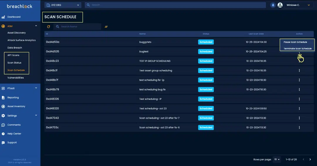 BreachLock Integrated Platform Scan Schedule Dashboard Overview Screenshot