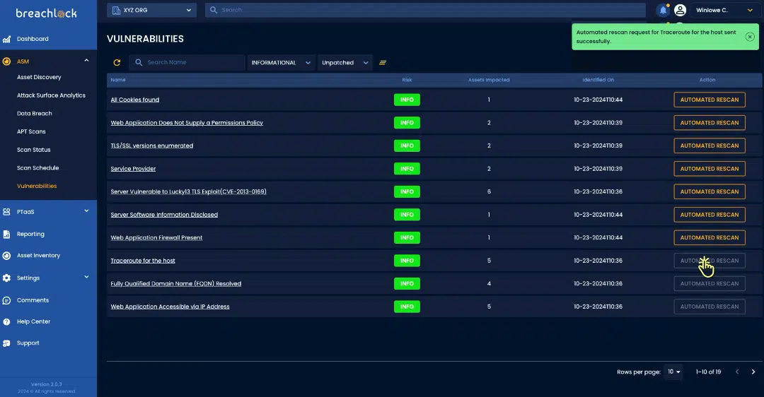 BreachLock Integrated Platform VULNERABILITIES: Automated Rescan Screenshot