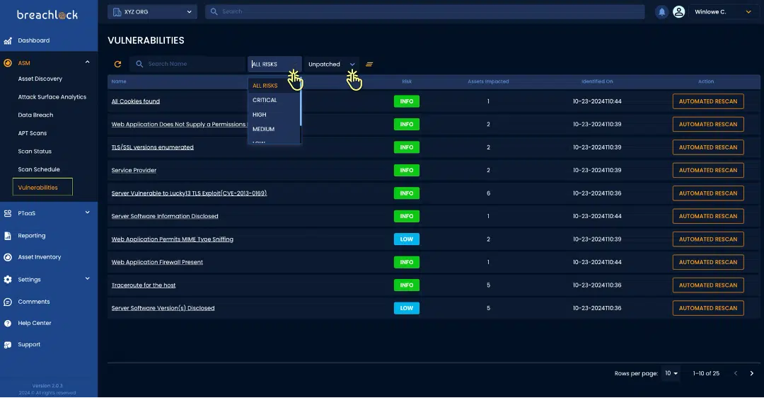 BreachLock Integrated Platform VULNERABILITIES: Search & Filters Screenshot