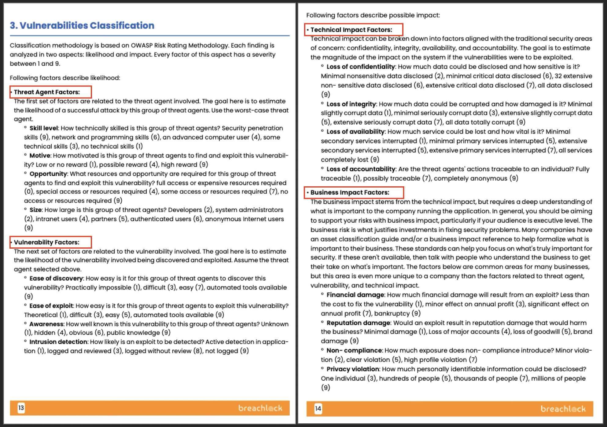 BreachLock Integrated Platform Generate a Report Vulnerabilities Classification Screenshot